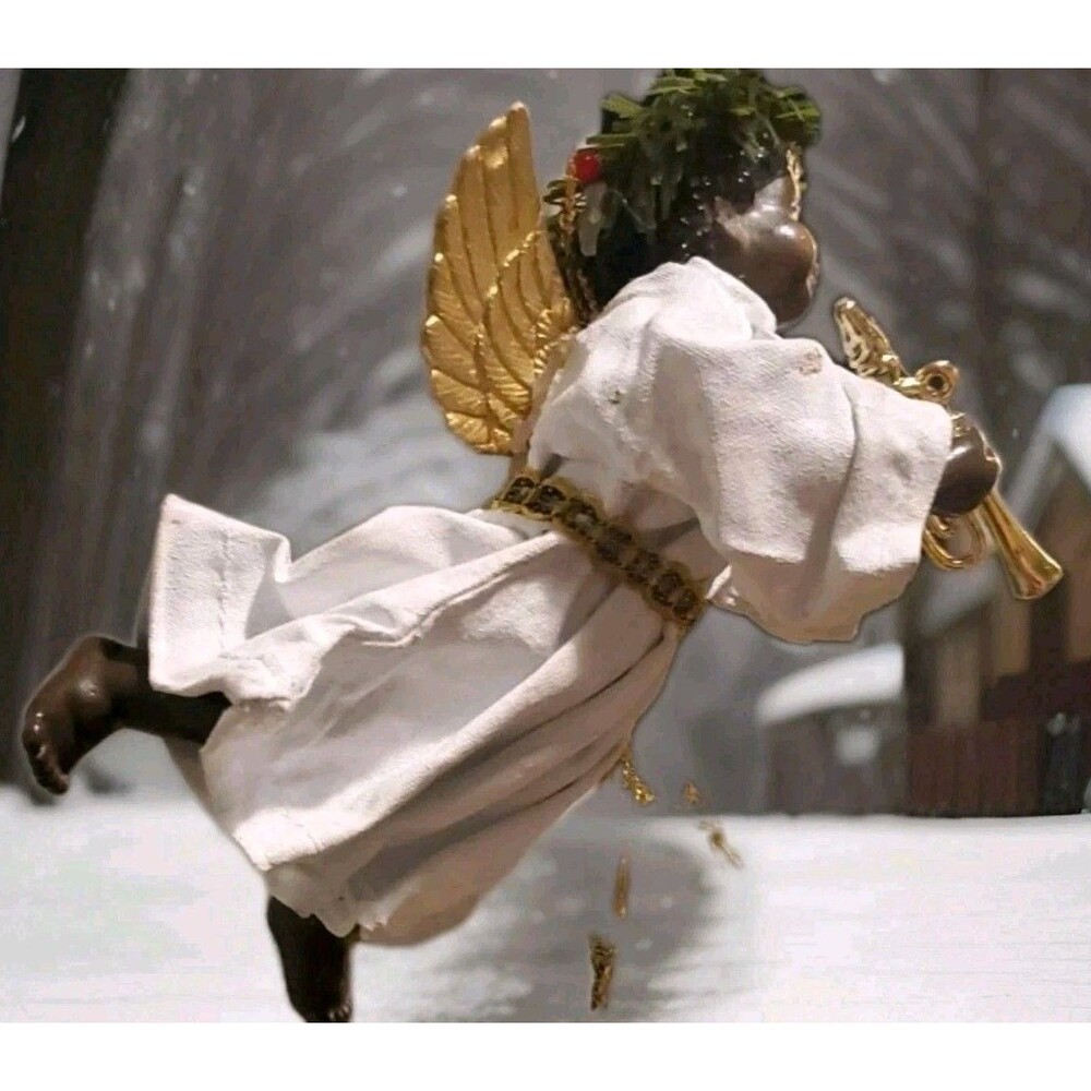 Clothtique Possible Dreams African CHERUB Angel Ornament Flying Playing Horn Vtg